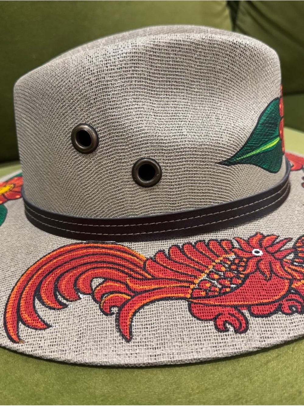 Hand Crafted Beige Straw Hat with Red Floral and Green Leaf Accents - Picture 4 of 5